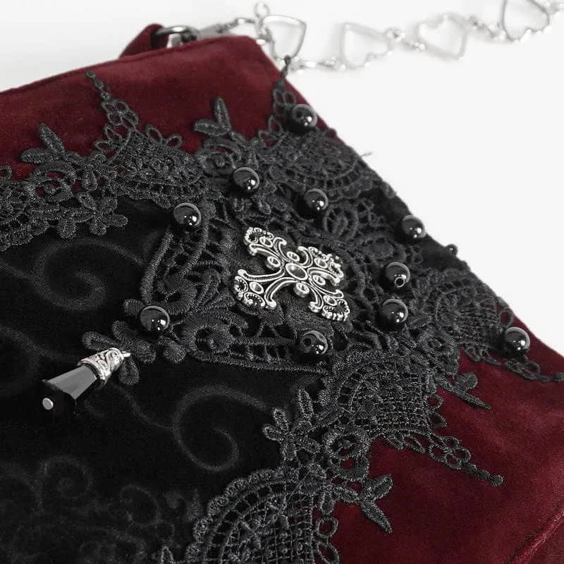 Rote Gothic-Tasche mit Blumenstickerei und Perlen für Damen