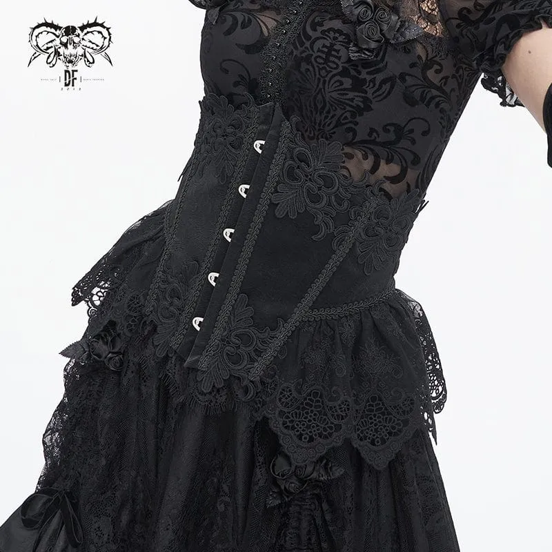 Damen-Unterbrustkorsett aus Kunstleder mit Gothic-Blumenstickerei, Mesh-Splice