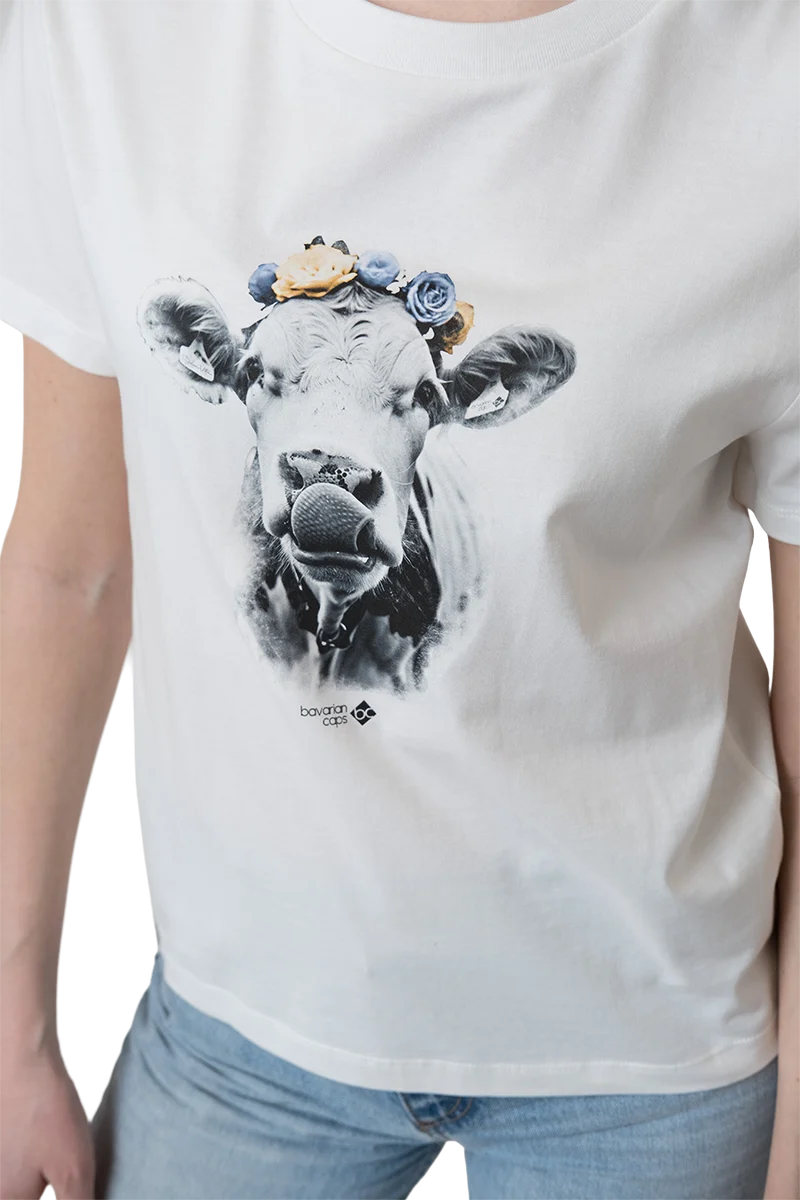 Damen T-Shirt 'Almabtrieb' mit Kuhkopfmotiv