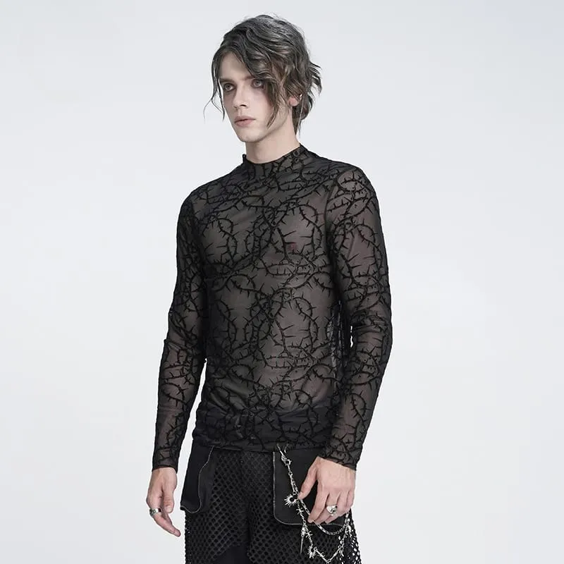 Gothic Herren-Langarmshirt mit Dornenrankenmuster, beflockt und aus transparentem Netzstoff