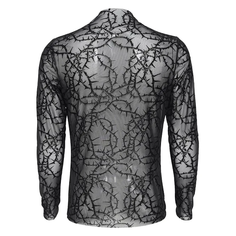 Gothic Herren-Langarmshirt mit Dornenrankenmuster, beflockt und aus transparentem Netzstoff