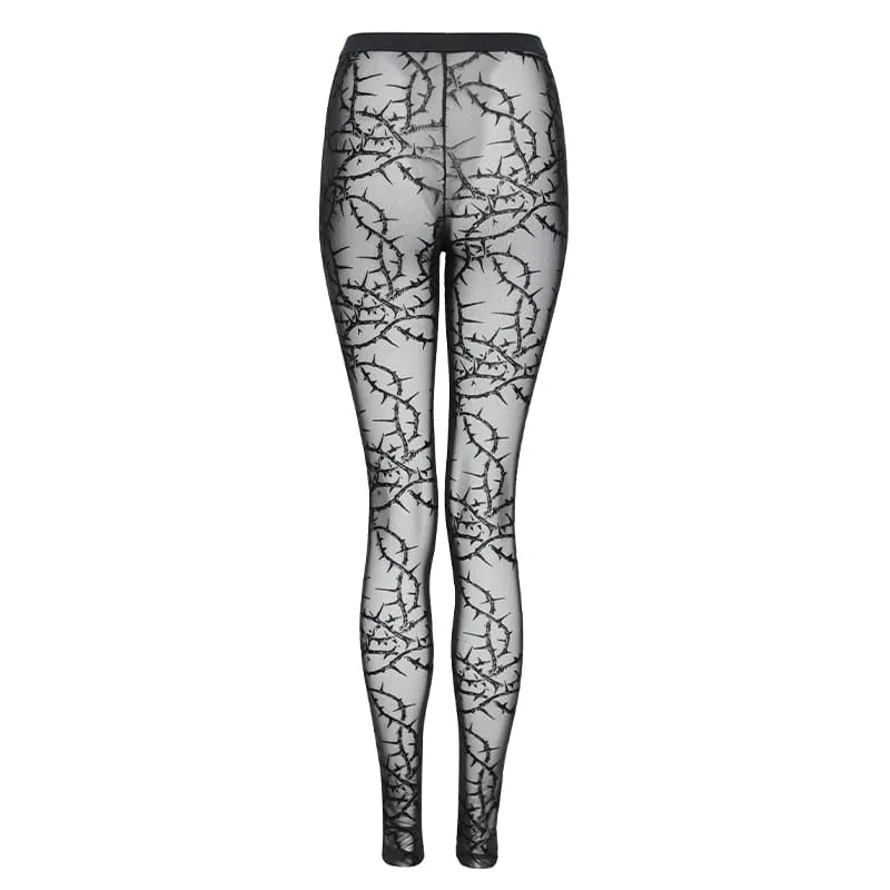 Gothic-Leggings für Damen mit dornigem Rankenmuster, beflockt und aus transparentem Mesh
