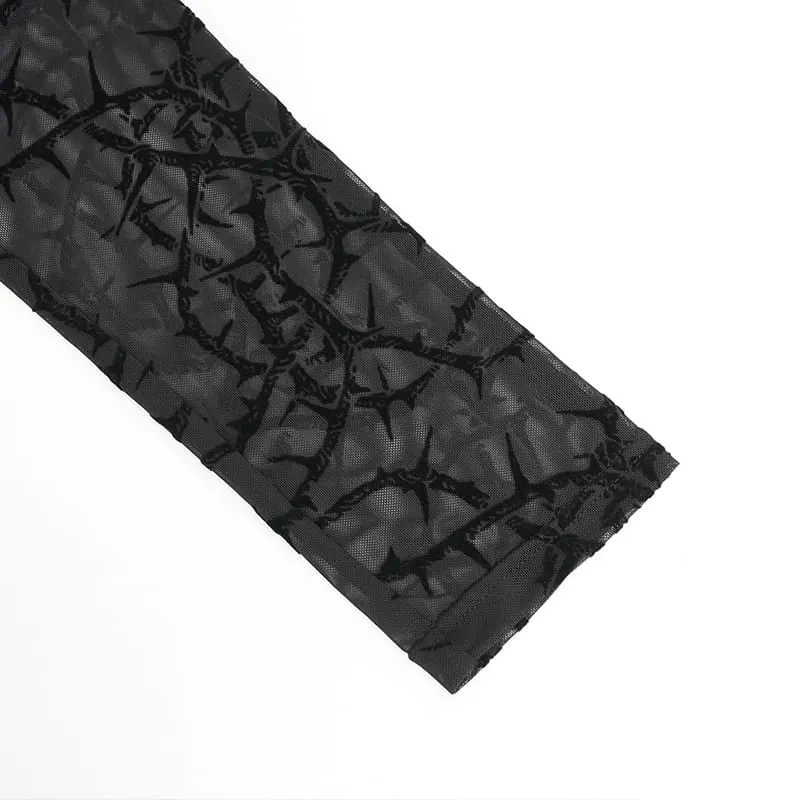 Gothic-Leggings für Damen mit dornigem Rankenmuster, beflockt und aus transparentem Mesh