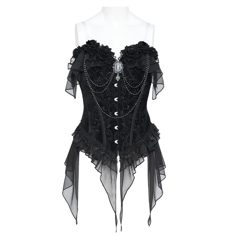 Gothic-Schnürkorsett aus Jacquard-Stoff mit asymmetrisch drapierten, transparenten Chiffon-Schlaufen für Damen