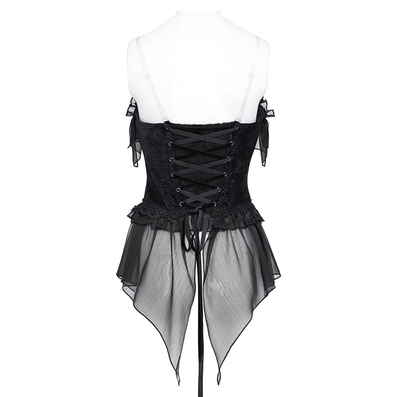 Gothic-Schnürkorsett aus Jacquard-Stoff mit asymmetrisch drapierten, transparenten Chiffon-Schlaufen für Damen