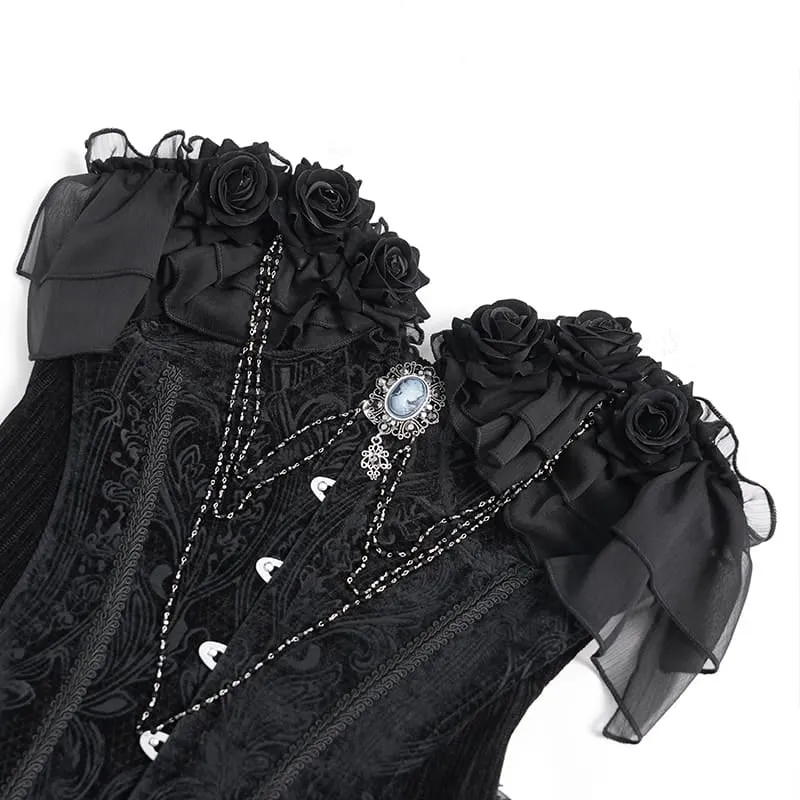 Gothic-Schnürkorsett aus Jacquard-Stoff mit asymmetrisch drapierten, transparenten Chiffon-Schlaufen für Damen