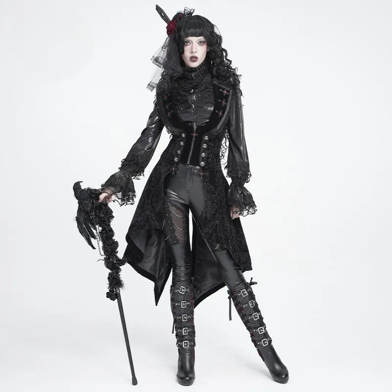 Gothic-Frack für Damen mit Schnürrevers und Jacquardmuster, ärmellos