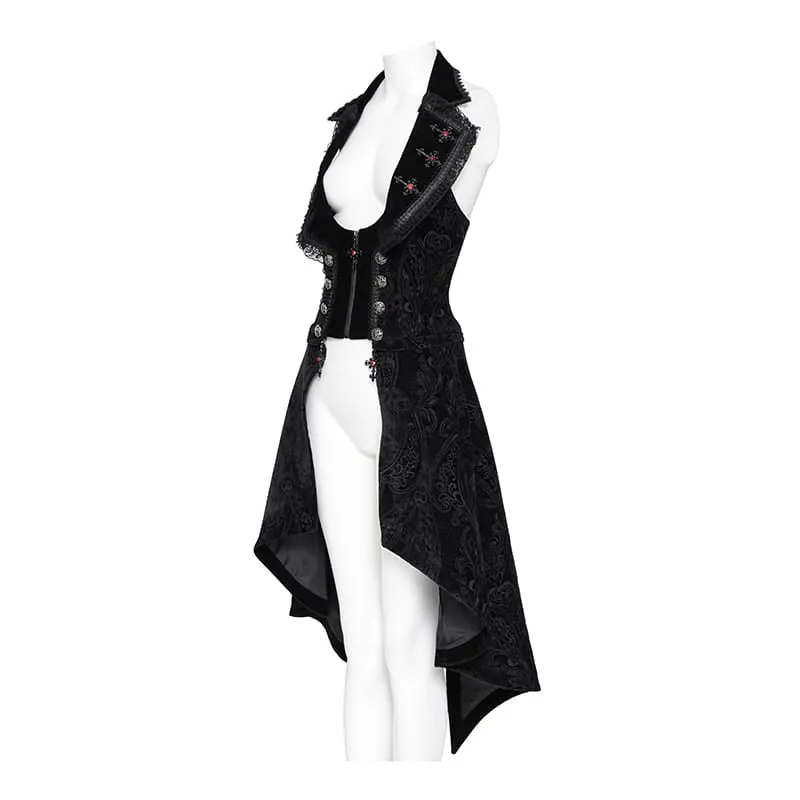Gothic-Frack für Damen mit Schnürrevers und Jacquardmuster, ärmellos