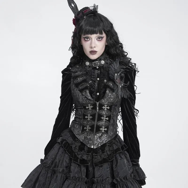 Gothic-Weste für Damen mit gekreuztem Revers, Reißverschluss vorne und Schwalbenschwanz