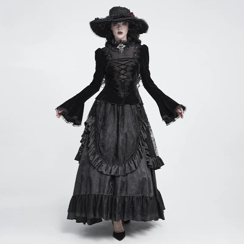 Schwarzes Gothic-Samttop für Damen mit Schnürung, Kettenverzierung und ausgestellten Ärmeln
