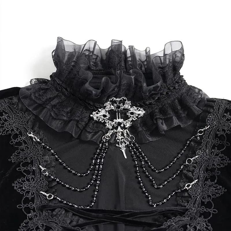 Schwarzes Gothic-Samttop für Damen mit Schnürung, Kettenverzierung und ausgestellten Ärmeln