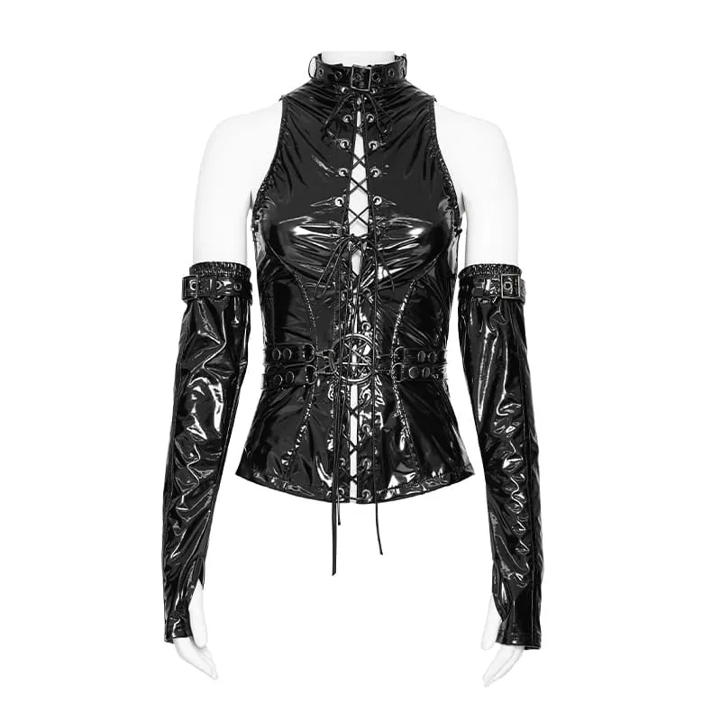 Punk-Weste für Damen mit hohem Kragen, Schnürung, Taillengurt und Armstulpen