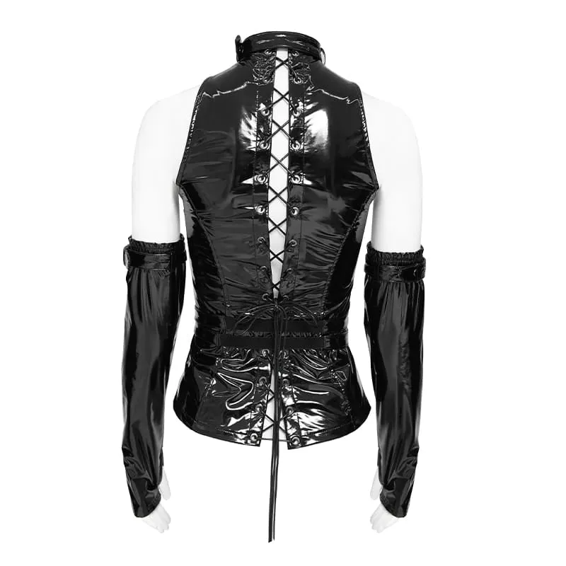 Punk-Weste für Damen mit hohem Kragen, Schnürung, Taillengurt und Armstulpen
