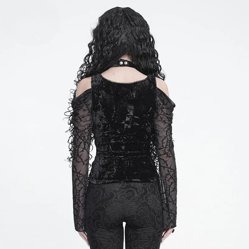 Gothic-Schnürtop mit Dornenranken-Motiv für Damen, schulterfrei, aus Mesh