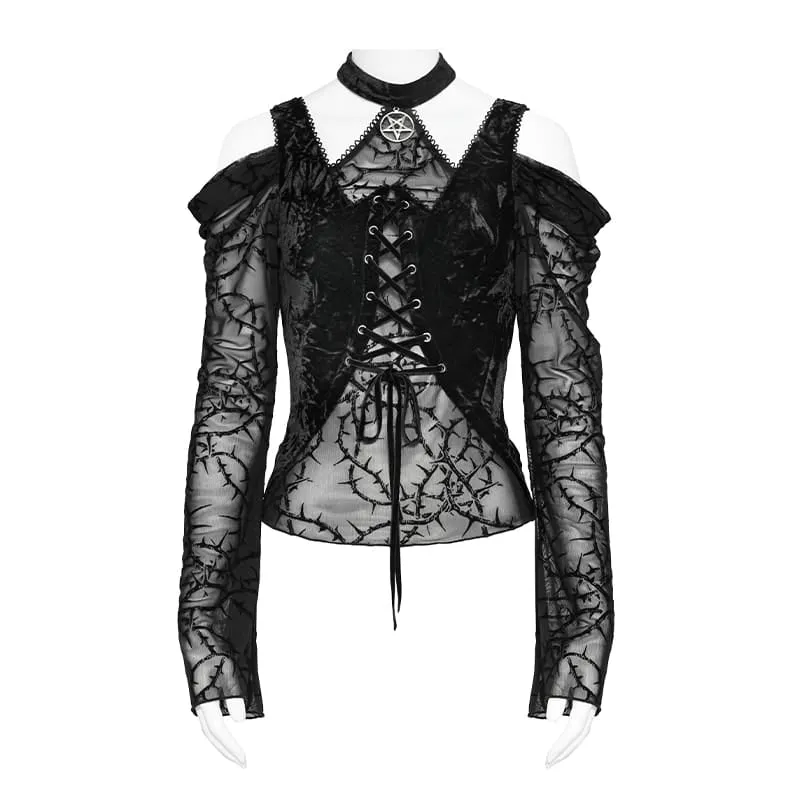 Gothic-Schnürtop mit Dornenranken-Motiv für Damen, schulterfrei, aus Mesh