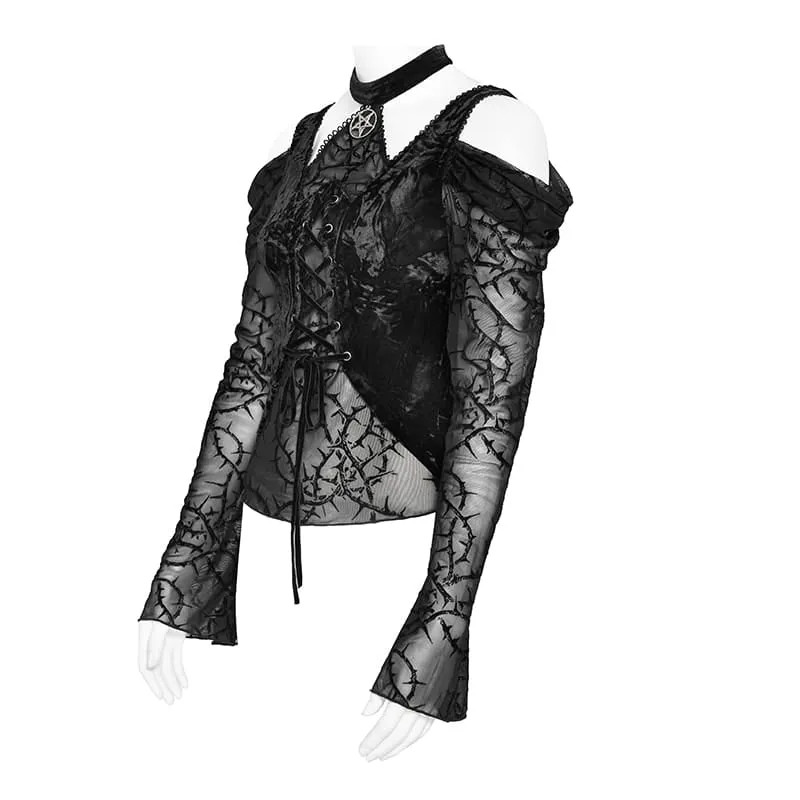 Gothic-Schnürtop mit Dornenranken-Motiv für Damen, schulterfrei, aus Mesh