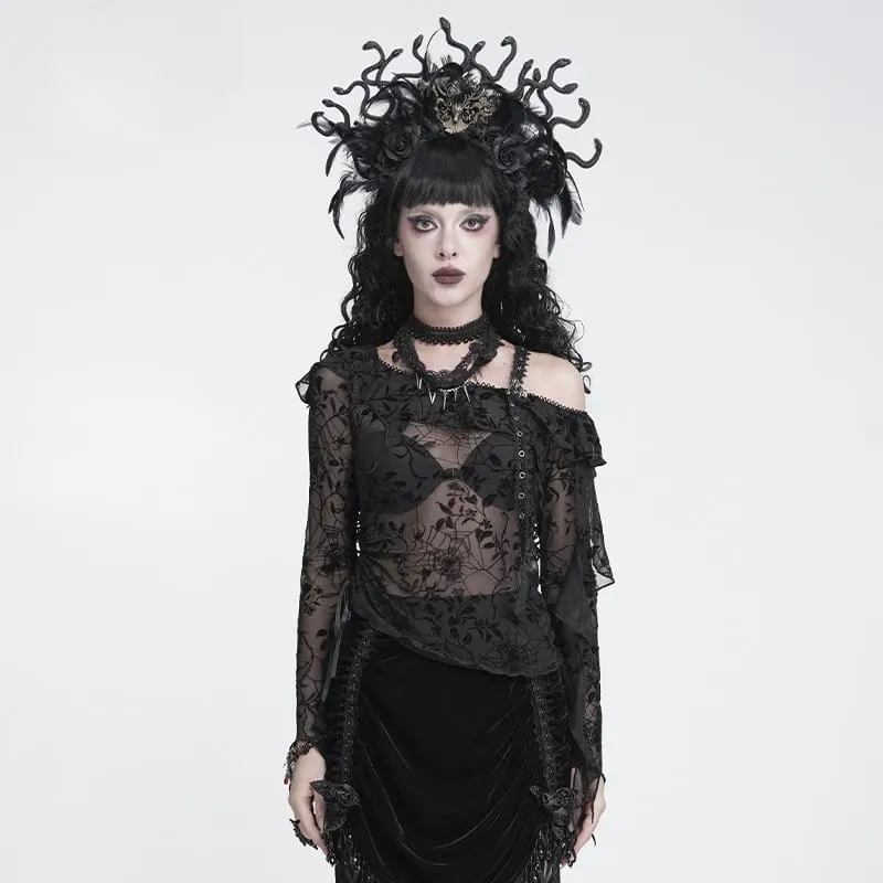 Gothic-Top für Damen, asymmetrisch, mit Blumenmuster und Spinnennetz-Design