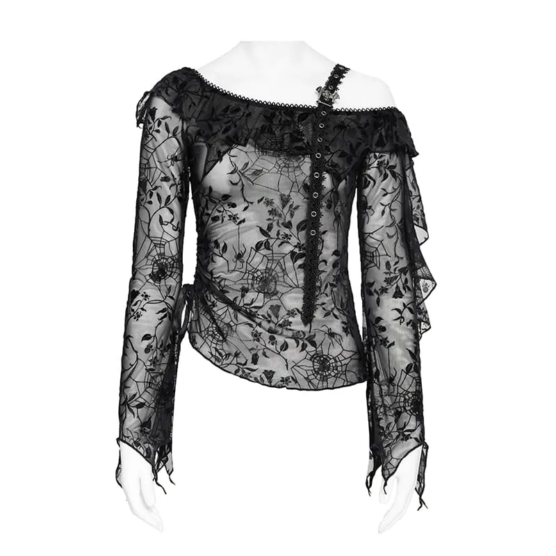 Gothic-Top für Damen, asymmetrisch, mit Blumenmuster und Spinnennetz-Design