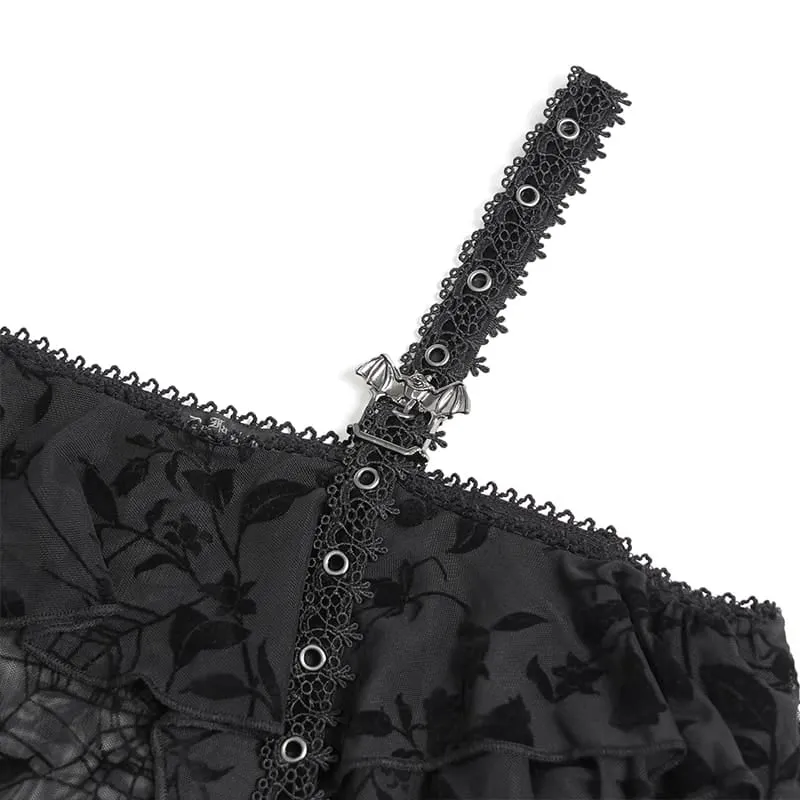 Gothic-Top für Damen, asymmetrisch, mit Blumenmuster und Spinnennetz-Design