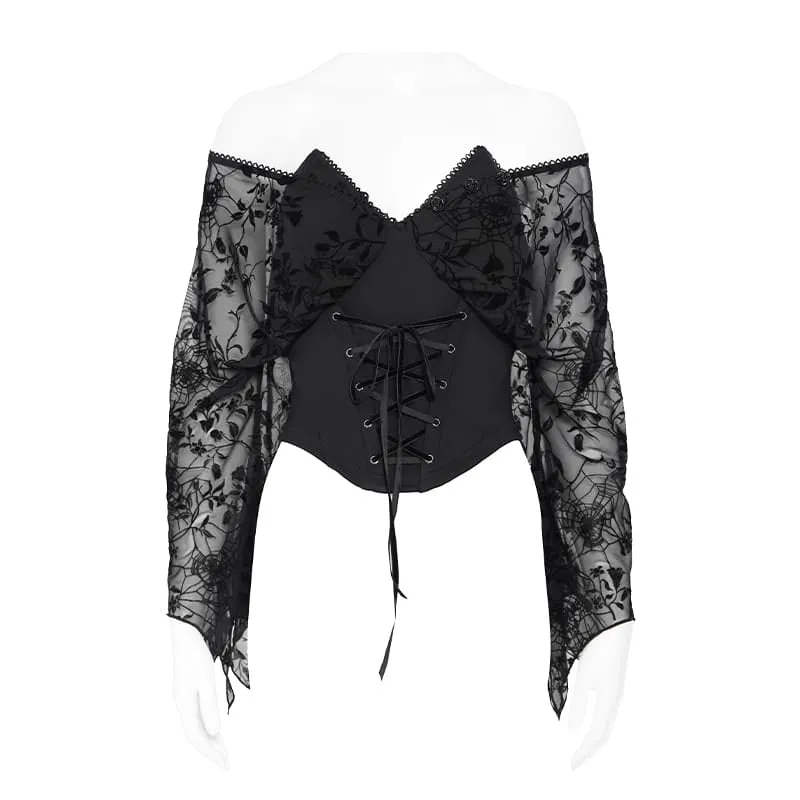 Gothic-Top für Damen mit tiefem V-Ausschnitt, floralem Mesh-Einsatz und Glockenärmeln