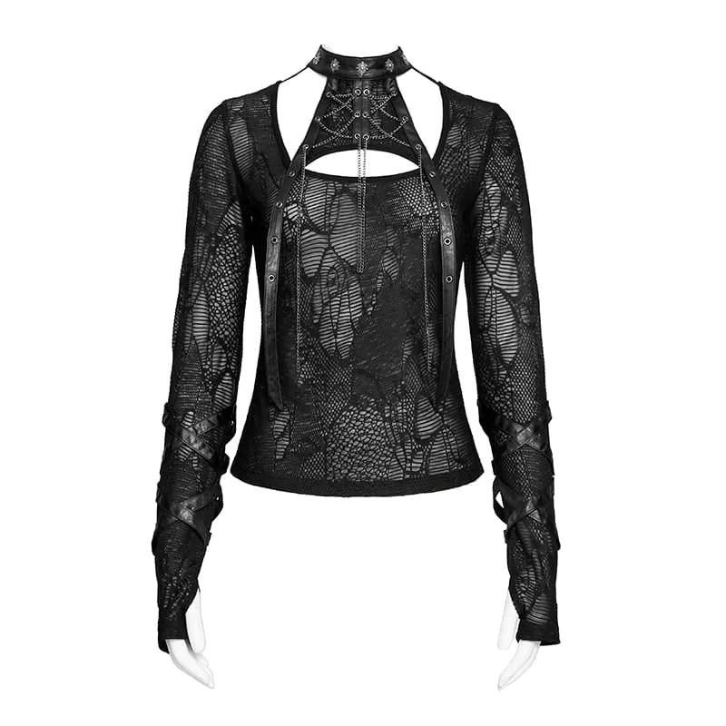 Punk-Langarmtop für Damen mit Kettenmuster und Cut-outs
