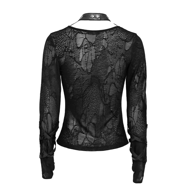 Punk-Langarmtop für Damen mit Kettenmuster und Cut-outs