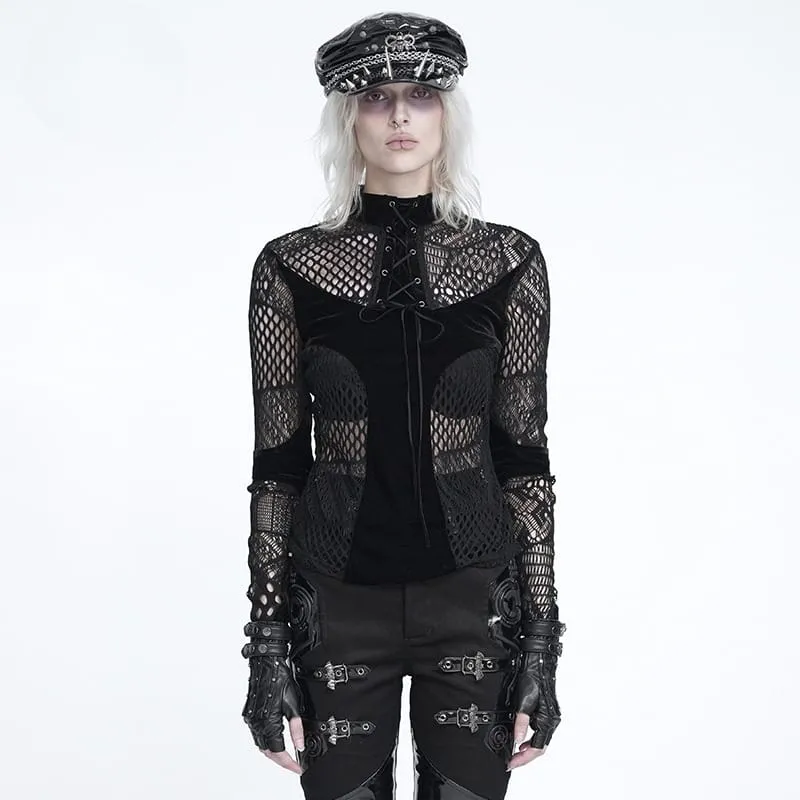 Gothic-Mesh-Schnürtop für Damen mit Stehkragen und langen Ärmeln