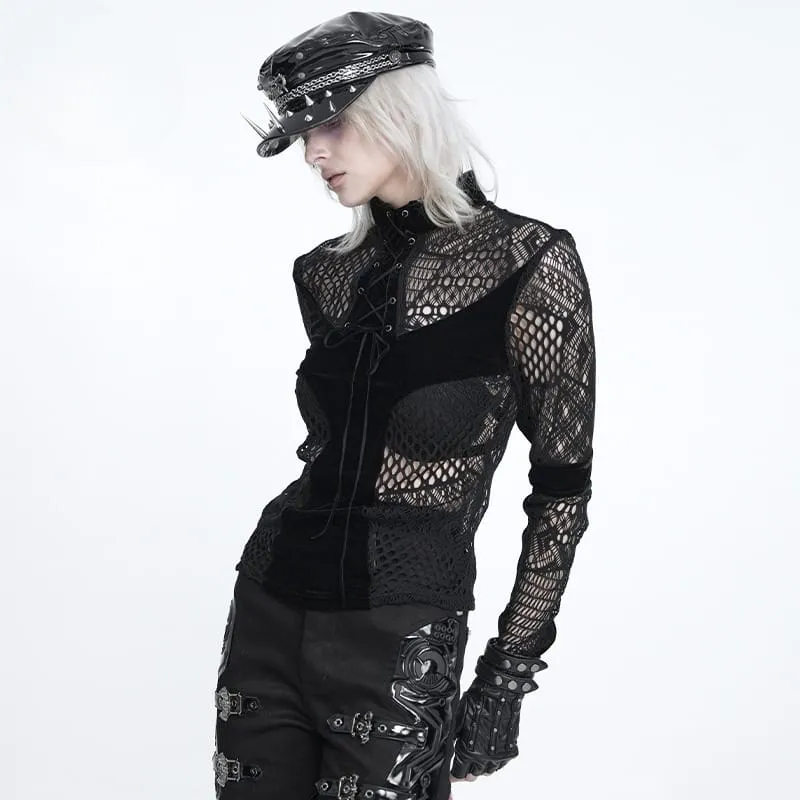 Gothic-Mesh-Schnürtop für Damen mit Stehkragen und langen Ärmeln
