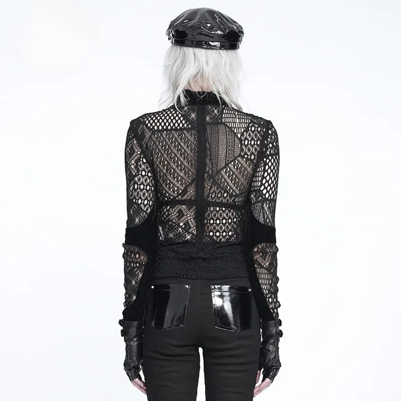 Gothic-Mesh-Schnürtop für Damen mit Stehkragen und langen Ärmeln