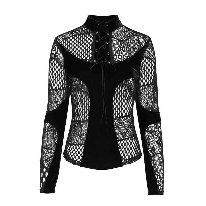 Gothic-Mesh-Schnürtop für Damen mit Stehkragen und langen Ärmeln