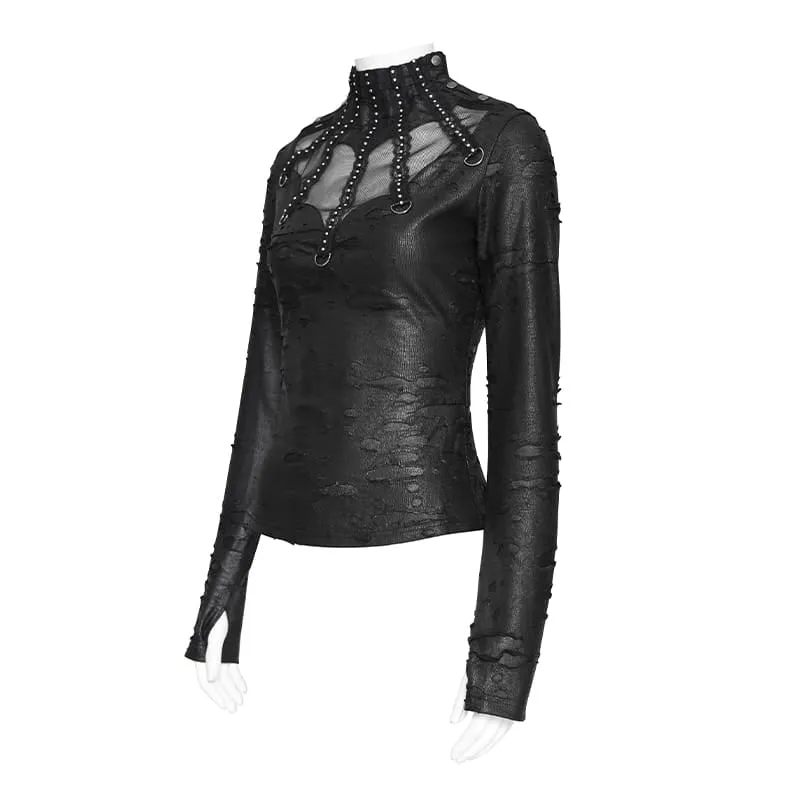Punk-Langarmshirt für Damen im Used-Look mit Stehkragen