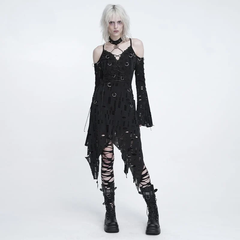 Punk-Kleid für Damen mit Ringen, zerrissenem, unregelmäßigem Saum und schulterfreiem Schnitt – Abschlusskleid