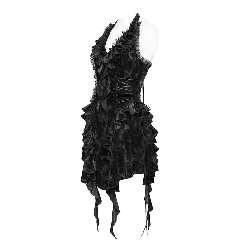 Gothic-Rüschenkleid für Damen mit tiefem V-Ausschnitt und Neckholder