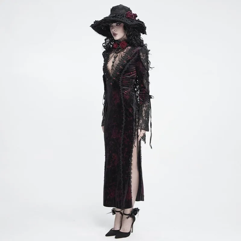 Gothic-Samtkleid für Damen mit tiefem V-Ausschnitt, Spitze und langen Ärmeln, Hochzeitskleid, Schwarz-Rot