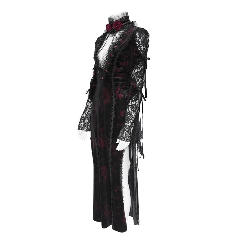 Gothic-Samtkleid für Damen mit tiefem V-Ausschnitt, Spitze und langen Ärmeln, Hochzeitskleid, Schwarz-Rot