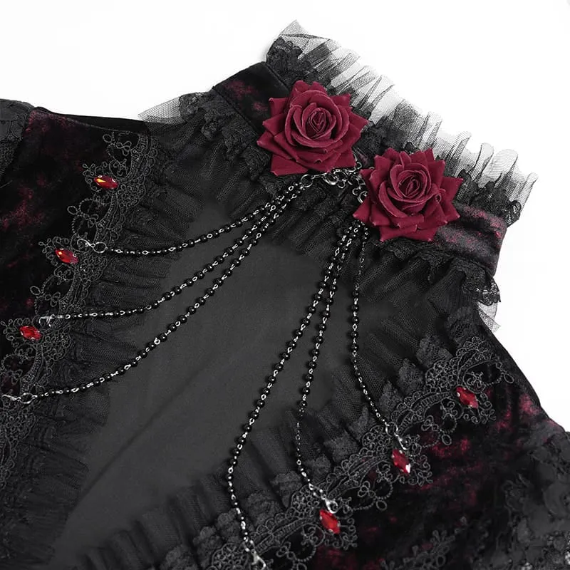 Gothic-Samtkleid für Damen mit tiefem V-Ausschnitt, Spitze und langen Ärmeln, Hochzeitskleid, Schwarz-Rot