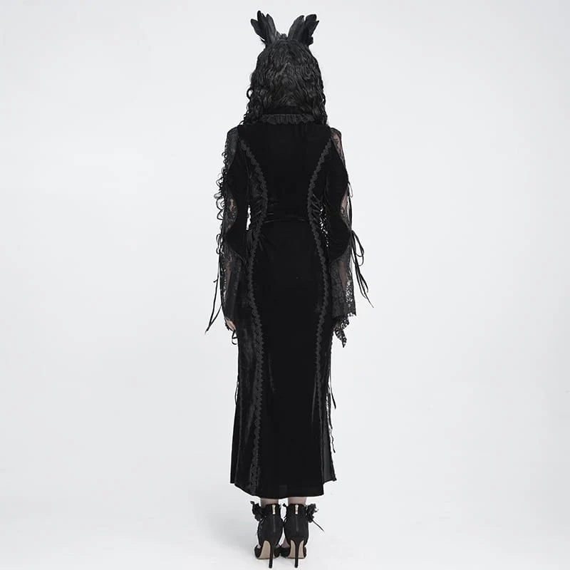 Schwarzes Gothic-Samtkleid für Damen mit tiefem V-Ausschnitt, Spitze und langen Ärmeln – ideal als Hochzeitskleid.