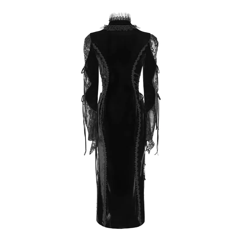 Schwarzes Gothic-Samtkleid für Damen mit tiefem V-Ausschnitt, Spitze und langen Ärmeln – ideal als Hochzeitskleid.