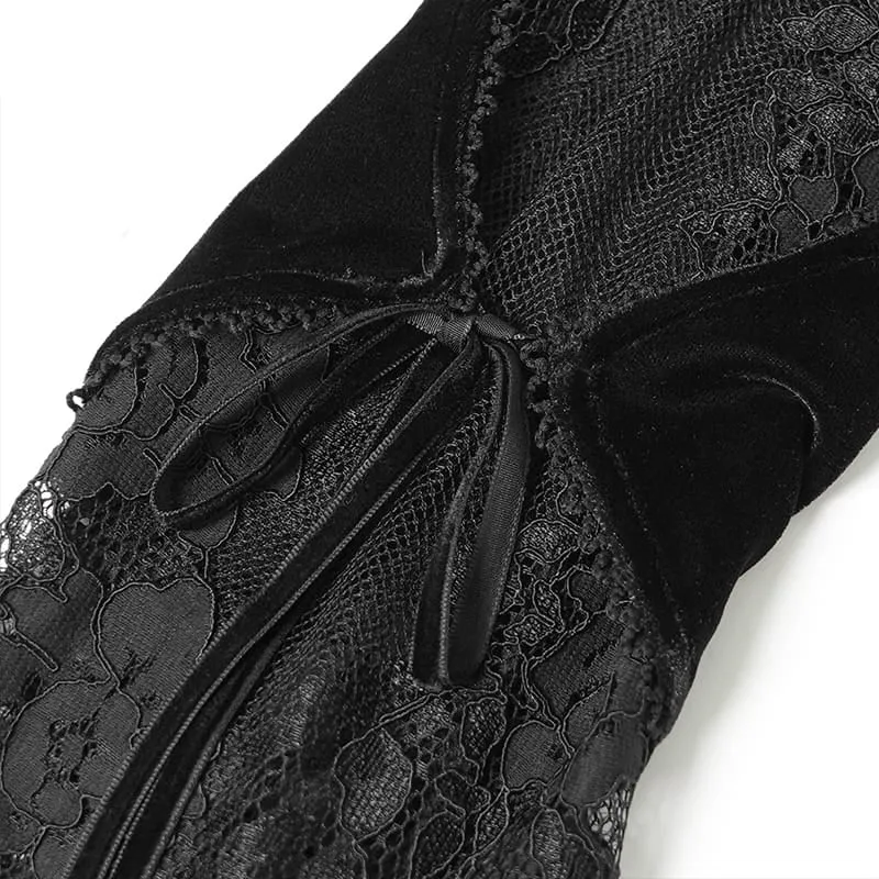 Schwarzes Gothic-Samtkleid für Damen mit tiefem V-Ausschnitt, Spitze und langen Ärmeln – ideal als Hochzeitskleid.