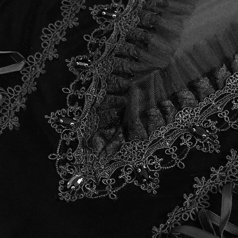Schwarzes Gothic-Samtkleid für Damen mit tiefem V-Ausschnitt, Spitze und langen Ärmeln – ideal als Hochzeitskleid.