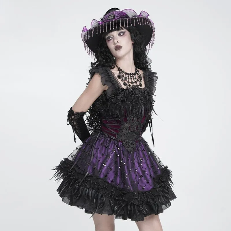 Gothic-Schnürkleid mit Federbesatz, Stickerei, schwarz-lila, Abschlusskleid