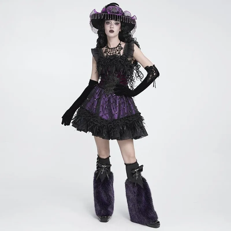 Gothic-Schnürkleid mit Federbesatz, Stickerei, schwarz-lila, Abschlusskleid