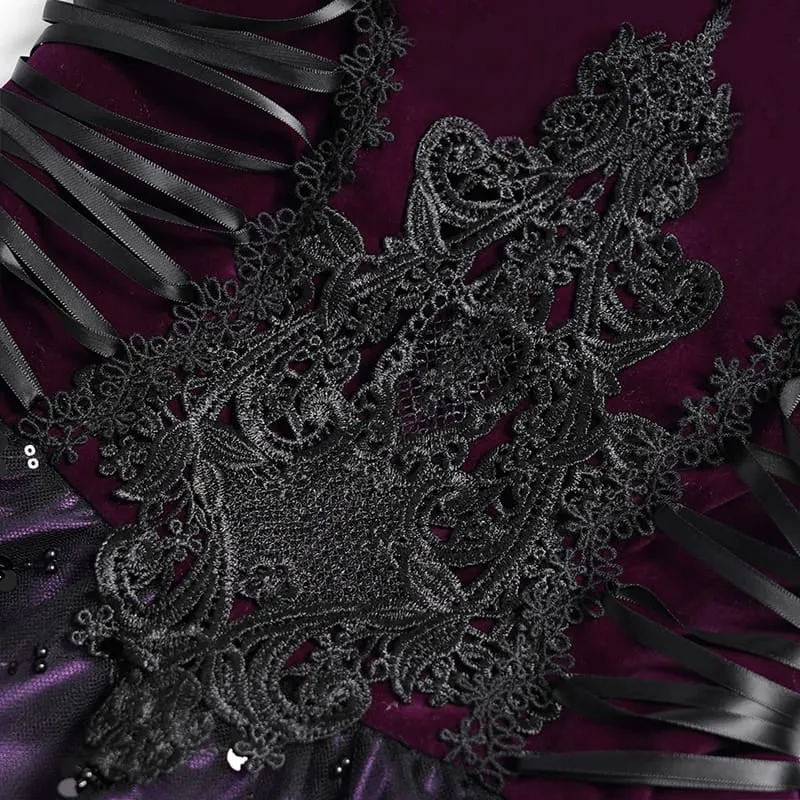 Gothic-Schnürkleid mit Federbesatz, Stickerei, schwarz-lila, Abschlusskleid