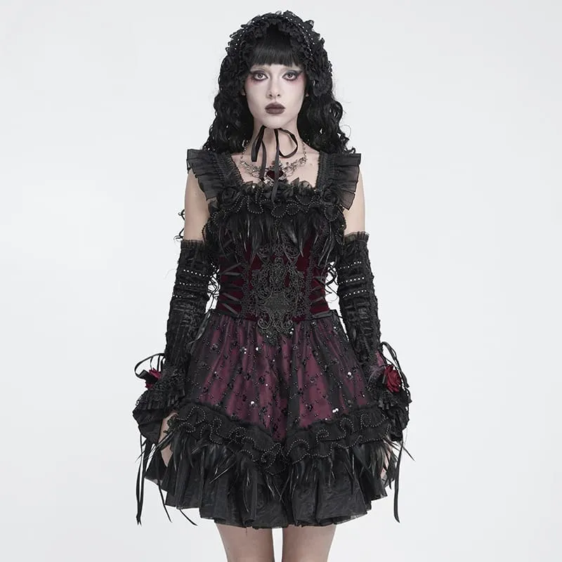 Gothic-Schnürkleid mit Federbesatz und Stickerei, schwarz-rot, ideal für Abschlussfeiern