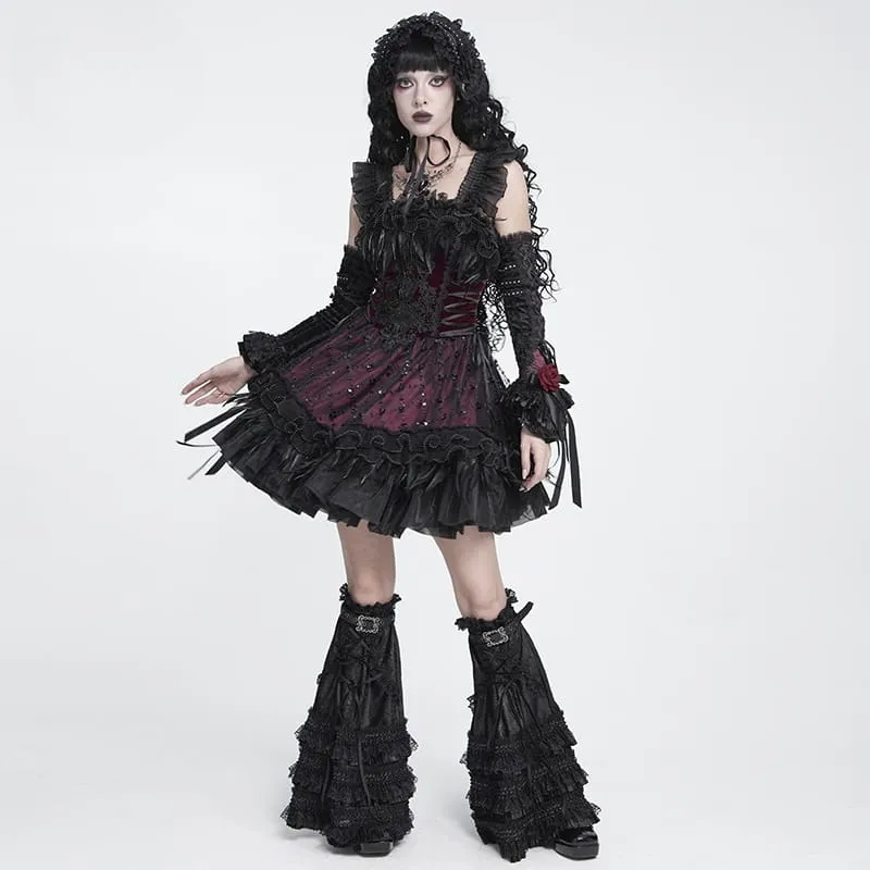 Gothic-Schnürkleid mit Federbesatz und Stickerei, schwarz-rot, ideal für Abschlussfeiern