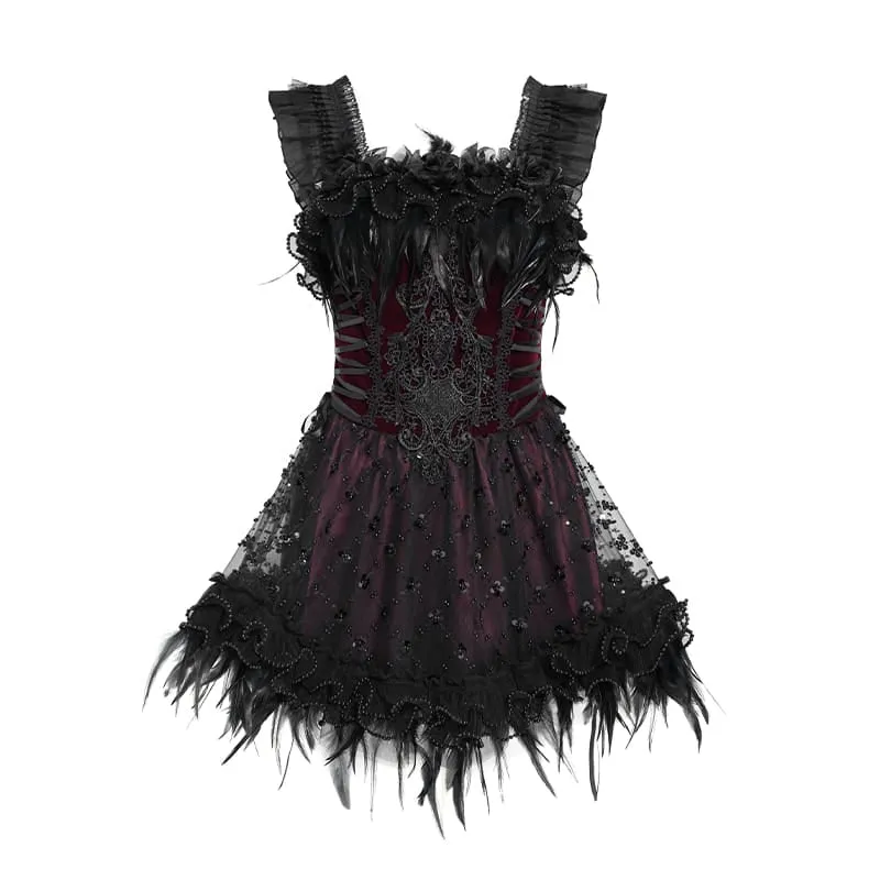 Gothic-Schnürkleid mit Federbesatz und Stickerei, schwarz-rot, ideal für Abschlussfeiern