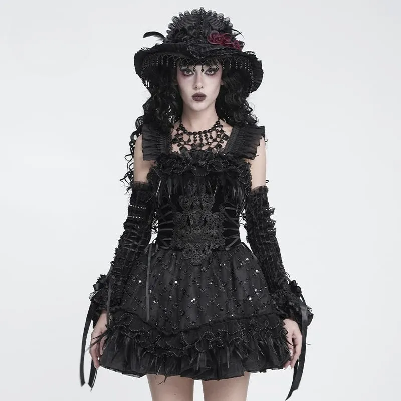 Schwarzes, gotisches Damen-Unterkleid mit Schnürung, Stickerei und Federbesatz, ideal für Abschlussfeiern.