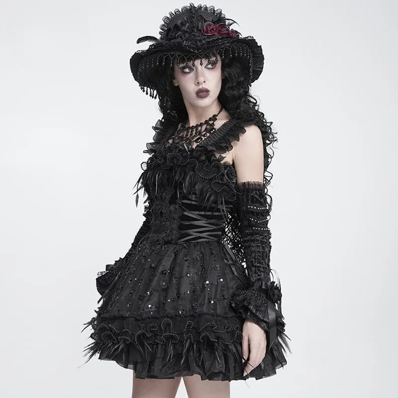 Schwarzes, gotisches Damen-Unterkleid mit Schnürung, Stickerei und Federbesatz, ideal für Abschlussfeiern.