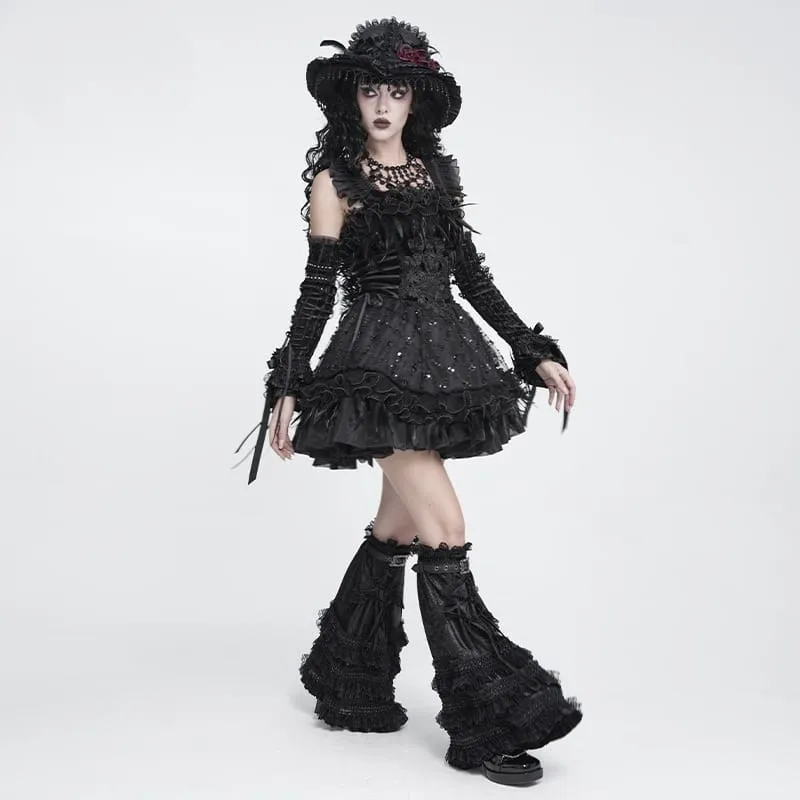 Schwarzes, gotisches Damen-Unterkleid mit Schnürung, Stickerei und Federbesatz, ideal für Abschlussfeiern.