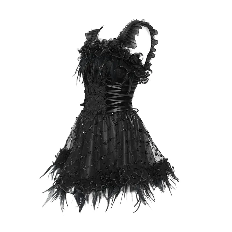 Schwarzes, gotisches Damen-Unterkleid mit Schnürung, Stickerei und Federbesatz, ideal für Abschlussfeiern.